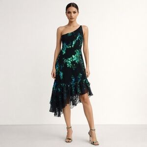 One Shoulder Sparkling Fairy Whimsical Sequin Embellished Asymmetrical Hem Sz Sm